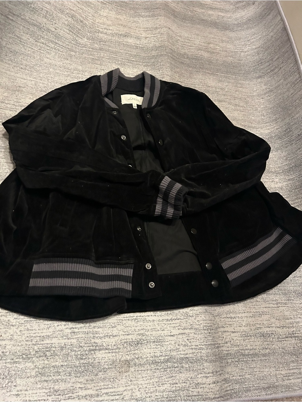 THE GREAT. Black Velvet Bomber Jacket with Gray Ribbed Trim